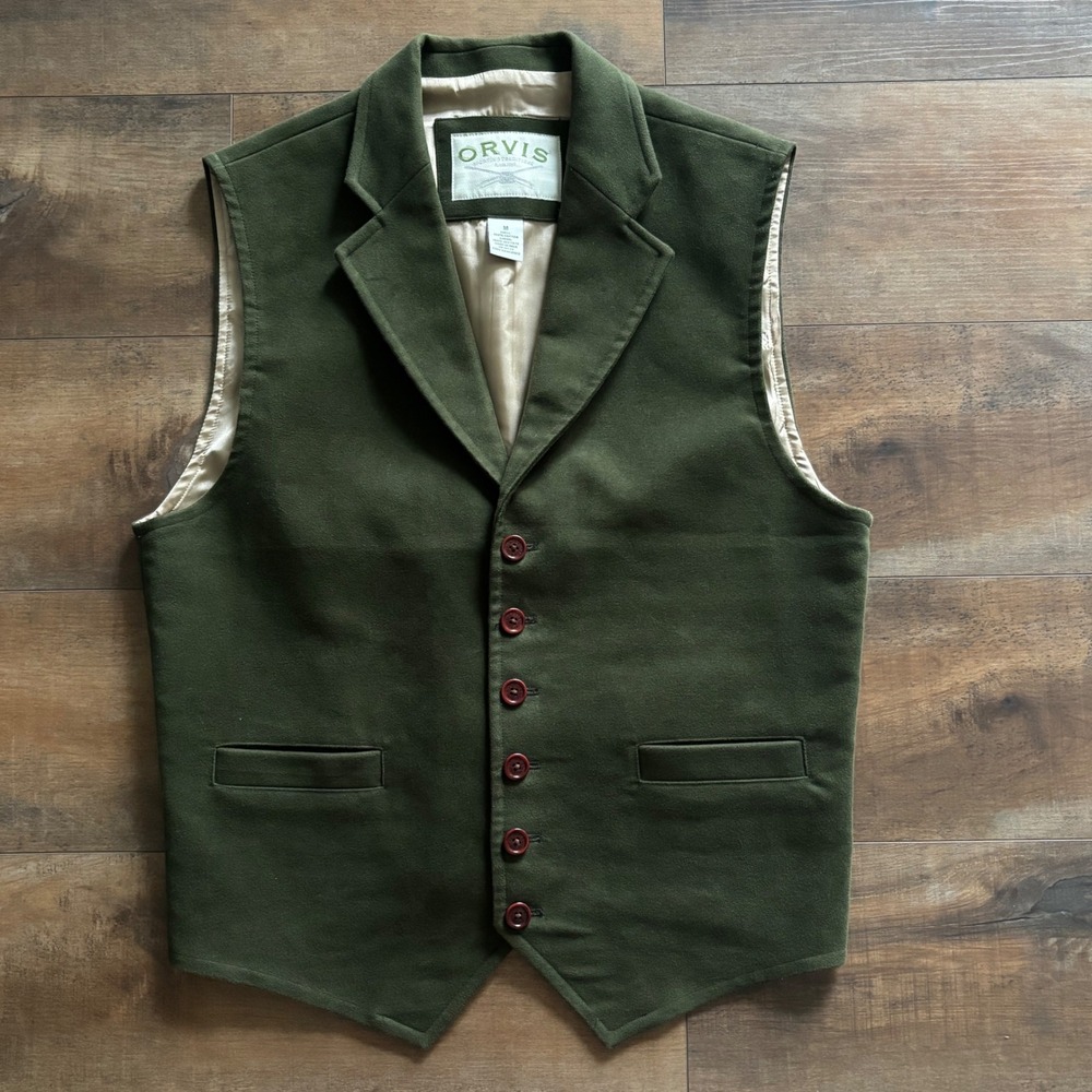 Vintage Orvis Men's Medium Olive Green Montrose Moleskin Chore Vest Waistcoat